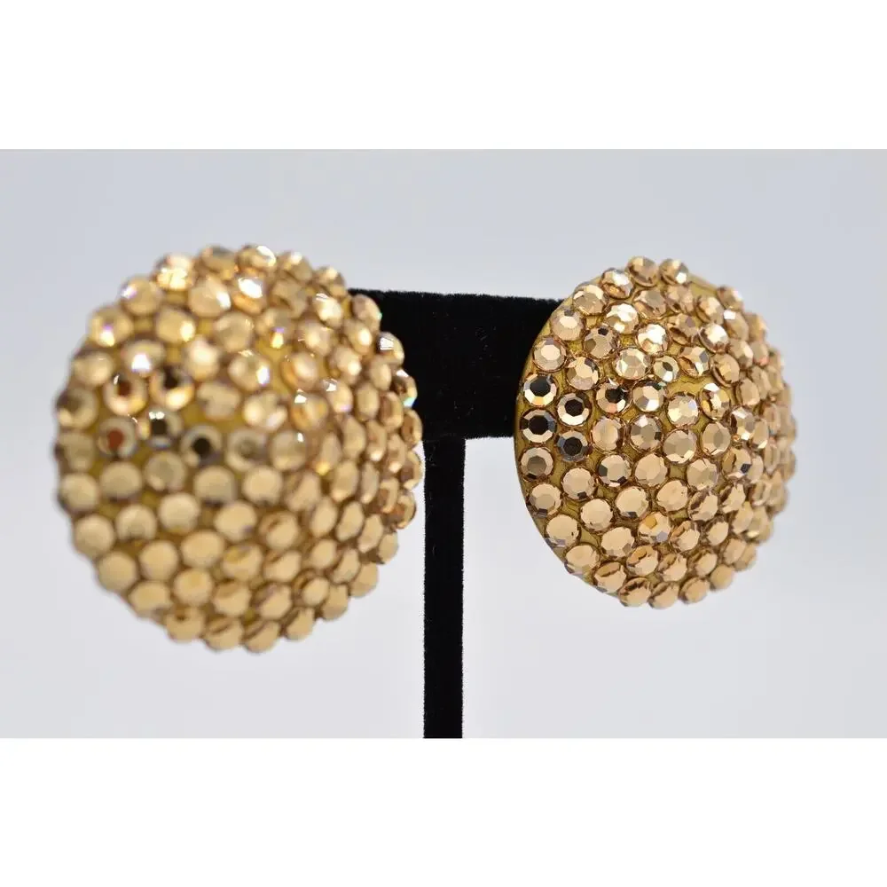 Vintage Crystal Clip Earrings Sparkling Brown Rhinestone Round Chunky 1980s 9L